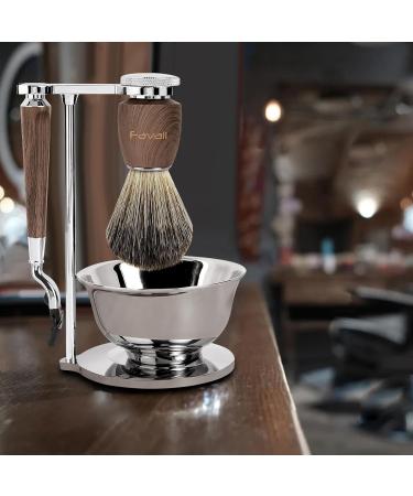 Favali Razor Set - 4 in 1 Stainless Steel Shaving Brush Holder & Wet Razor for Men | Ash Handle Compatible with Mach 3 - Buy Online on GoSupps.com