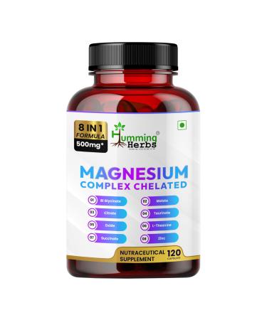 Humming Herbs Magnesium Complex Chelated Supplement 500mg 8-in-1 Blend with Magnesium Bisglycinate Citrate Zinc & L-Theanine Supports Calm & Relaxation Muscle Function - 120 Vegan Capsules
