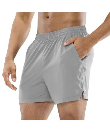 MIER Men's Workout Running Shorts Lightweight Active 5 Inches Shorts with Pockets, Quick Dry, Breathable Light Grey Without Zipper Medium