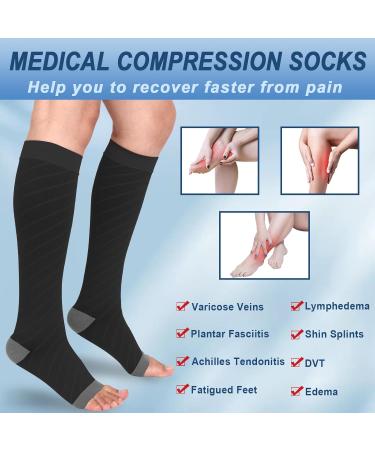 Knee High Compression Socks 20-30 mmHg for Men & Women | Open Toe Circulation Support for Flight Sports Edema Varicose Veins DVT - Black & Gray Large - Buy Online on GoSupps.com