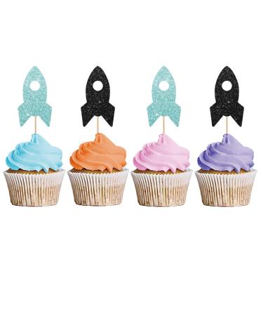 24PCS Rocket Ship Cupcake Toppers Baby Shower Party Decor for Boys Astronaut Dessert Picks Outer Space Themed Birthday Party Decoration - Sky Blue & Black Glitter
