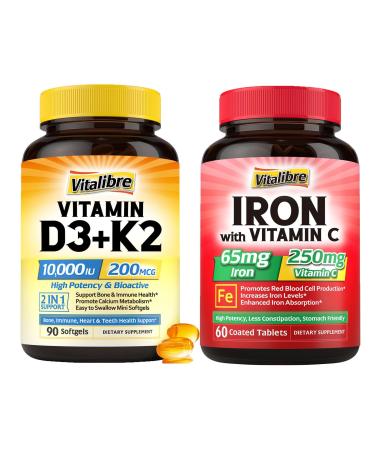 Vitalibre Iron Supplement with Vitamins C for Iron Deficiency & Vitamin D3 K2 10000 IU
