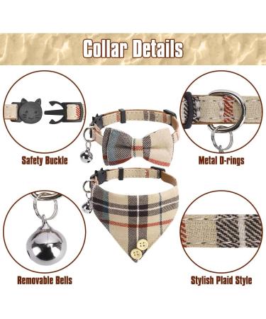 Classic Plaid Bow Tie Cat Collar with Bell - 2 Pack Adjustable Collars for Cats and Small Dogs - Beige Plaid Design - Buy Online on GoSupps.com