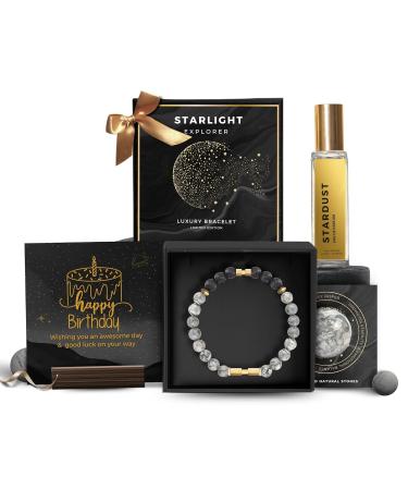 5 Sen.ses Co. Luxury Starlight Bracelet Gift Set Combo for Men | Certified Natural Stone Metallic Bracelet with Long Lasting Luxurious Stardust Perfume | Personalised Card - Happy Birthday