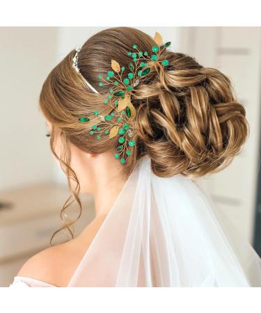 Lusofie 3Pcs Emerald Green Rhinestone Bridal Hair Pins | Gold Flower Leaves Wedding Hair Piece for Women Girls - Buy Online on GoSupps.com
