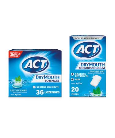 ACT Dry Mouth Moisturizing Gum 20 Pieces With Xylitol Sugar Free Soothing Mint and ACT Dry Mouth Lozenges with Xylitol Soothing Mint 36 Lozenges