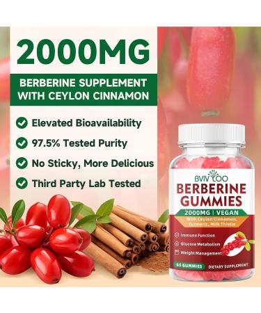 BVIVLOO Premium Berberine Gummies, 2000mg High Potency Berberine HCI Supplement, Plus Ceylon Cinnamon, Milk Thistle for Women & Men, Immune System & Metabolism Support - 60 Gummies - Buy Online on GoSupps.com