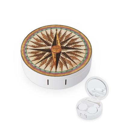 Retro Nautical Compass Round Case For Contact Lens Kit Storage Box with Mirror Printed