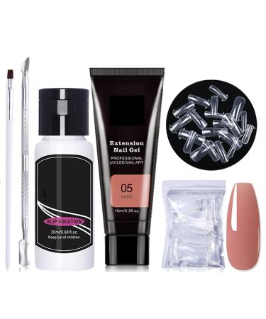 Polygel Nail Kit Nude Poly Nail Gel Kit for Beginner Builder Gel Nail Extension Starter Kit with Slip Solution & Nail Tips Need Cure By Lamp Poly Extension Gel Dark Nude