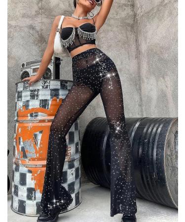 Anlaey Rave Mesh Sheer Dance Pants - Sequin Flared Bell Bottom - High Waist Clubwear for Women (Black, Small) - Buy Online on GoSupps.com