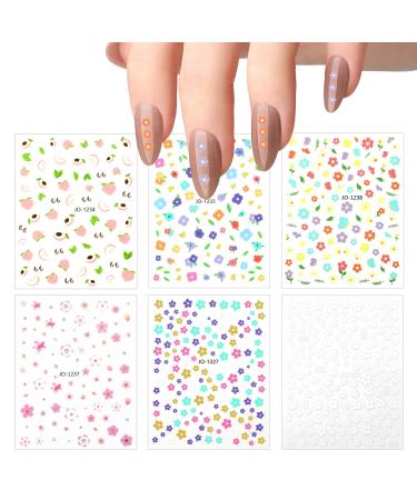 3D Nail Stickers Flower Nail Stickers Floral Self-Adhesive Small Cute White Flower Pink Peach Nail Design Stickers Colorful Manicure Decoration Nail Tips Decor Supplies for Women