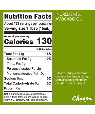 Chosen Foods 100% Pure Avocado Oil 2L - Keto & Paleo Friendly, Kosher for Baking, High-Heat Cooking, Frying - Ideal for Sauces, Dressings & Marinades - Buy Online on GoSupps.com