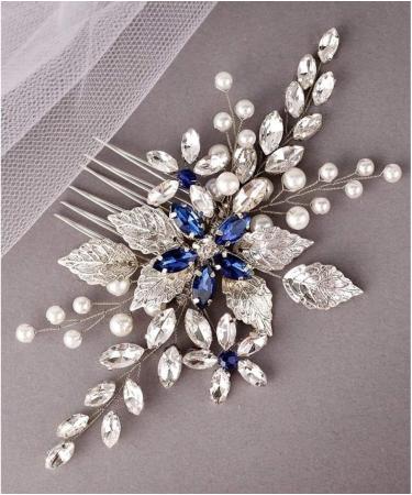 Bridal Sapphire Crystal Hair Comb Pearl Blue Crystal Leaf Marquise Hair Piece Prom Party Festival Wedding Hair Accessories for Women and Girls (Silver) - Buy Online on GoSupps.com