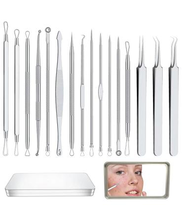 Xesscare Latest Pimple Popper Tool Kit 16 Pcs Blackhead Remover Tool Comedone Extractor Acne Removal Kit Professional Whitehead Tweezers with Metal Case for Facial Nose and Forehead (Silver-1)