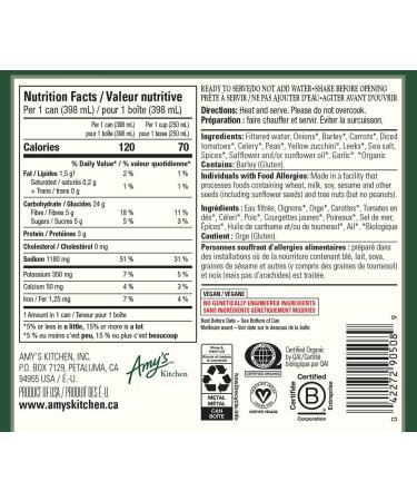 Amy s Kitchen Organic Vegetable Barley Soup Soup Dairy-Free Lactose-Free Soy-Free Corn-Free Tree Nut-Free Vegan Kosher Plant-based 12-pack (398ml per can) - Buy Online on GoSupps.com