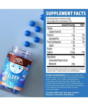 Good Day Chocolate Melatonin Sleep Aid - 1mg Natural Milk Chocolate, Chamomile, 80 Pieces, Fair Trade & Non-GMO - Buy Online on GoSupps.com