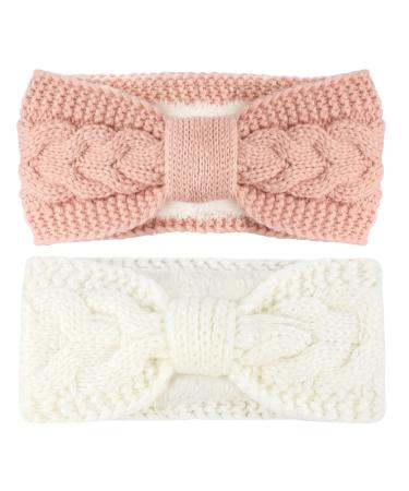 Telgoner headband women winter 2 PCs frontal ligaments knitting hair band ear warmer Elastic hair bands thicken headwrap headband for women/women/girls (white+pink) - Buy Online on GoSupps.com