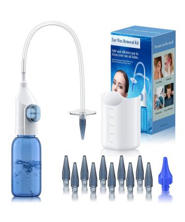 Lebbtl Ear Wax Removal Manual Ear Irrigation Flushing System Ear Wax Removal Tool Safe and Effective Ear Cleaning Kit Ear Cleaner - Includes Basin 10 Tips Blue