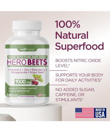 Gade Nutrition Hero Beets - Beet Root Capsules 1500mg - Organic Beet Root Powder + Vitamin C Zinc Elderberry Pomegranate Grape Seed Extract - 3 Months Supply 90 Count (Pack of 1) - Buy Online on GoSupps.com