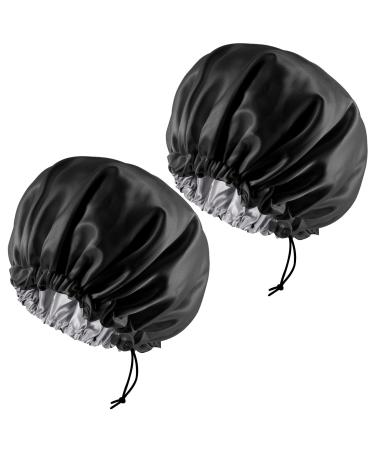 2 Pieces Adjustable Silk Bonnet 36cm Double Sided Satin Sleep Caps Night Sleep Hat for All Hair Lengths Women Curly Natural Hair Protection Head Cover(Black)