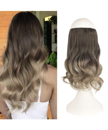 FESHFEN Hair Secrets Extensions Invisible Secret Wire Crown Hair Extensions One Piece Curly Wavy Long Hair Extension Synthetic Hairpieces for Women 14 inch Ombre Medium Brown to Light Ash Brown