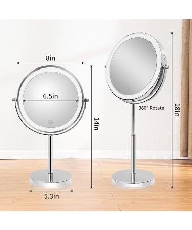 Height Adjustable 8 Inch Makeup Mirror with Lights and Magnification 1X/10X - Dimmable, Rechargeable, Double Sided, 360 Rotation - Touch Control Vanity Mirror for Women - Silvery - Buy Online on GoSupps.com