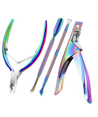 Nail Clippers for Acrylic Nails, Acrylic False Nails Tips Clippers Stainless Steel Nail Tip Cutter with Cuticle Pusher Cuticle Remover, Christmas Gift Stocking Stuffers for Women, Rainbow