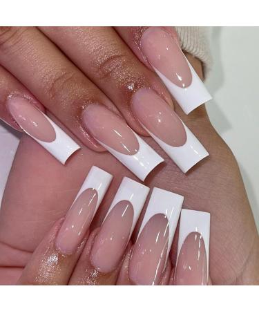 DMQ French False Nails Long 24Pcs Coffin Fake Nails White French Press on Nails Nude Pink French Nail Tips with Glue Full Cover Stick on Nails for Women Girls Nails Art French Extra Long