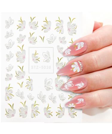 Woration Flower Self-Adhesive Nail Art Sticker Supplies 5D Embossed Exquisite Pattern Acrylic DIY Accessories Nail Decals Decoration White Camellia Flower Design Style C