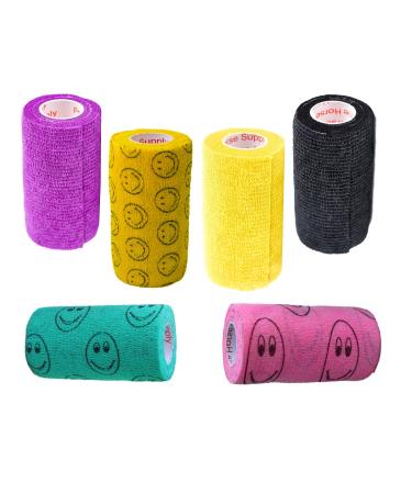 4 Inch Self Adhesive Medical Bandage Wrap Sport (Purple Yellow Black and Smiles on Yellow Pink Green) (6 Pack) Strong Elastic Self Adherent Flex Rolls for Wrist Ankle Knee Sprains and Swelling Assorted 1 4 Inch (Pack of 6)