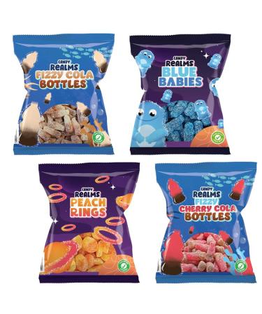 Candy Realms Mixed Sour & Sweet Jelly Flavours Sweets Selection - Fizzy Cola Bottles Jelly Blue Babies Peach Rings Cherry Cola Bottles Each190g (Pack Of 4)