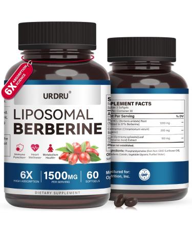 URDRU Berberine HCL Supplement 1500mg - with Ceylon Cinnamon & Gymnema, High Bioavailability Liposomal Berberine Capsules for Women and Men, AMPK Activator