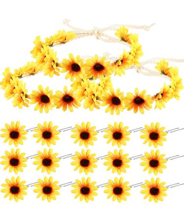 18 Pieces Sunflower Headband Wreath Sunflower Crown Hippie and Sunflower Hair Clips Sunflower Hairpins for Women Girls Wedding Pregnancy Photograph Hair Accessories (18 Pieces)