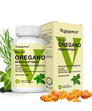 VEGEPOWER Oil of Oregano with Black Seed Oil, 4 in 1 Oil of Oregano Vegan Softgels Supplement - with Carvacrol, Thymol, Rosemary and Vitamin A to Help Support Immune & Gut Health, Non-GMO, 90 Counts