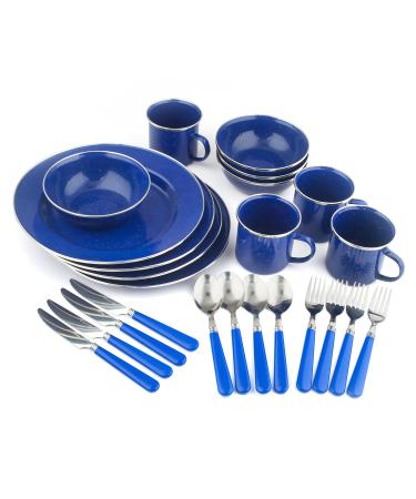 STANSPORT - Deluxe 24-Piece Enamel Tableware Set: Plates, Bowls, Mugs & Utensils Blue