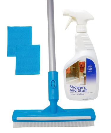 Don Aslett's 32oz Showers and Stuff Cleaning Foam with Long Handle Grout Brush and Microfiber Scrub Sponges | Removes Soap Scum, Oily Dirt, Rust Stains, and Hard Water Buildup