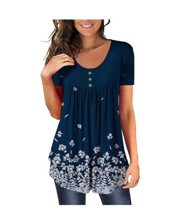KICILVS Womens Tunic Tops to Wear with Leggings Floral Printed Short Sleeve Henley V Neck Tshirt Casual Dressy Blouses Womens Plus Size Tops-navy XX-Large