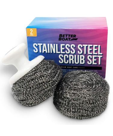 Stainless Steel Scrubber Set Steel Wool Scrubber Marine Grade Scouring Pads & Brush Handle, Heavy Duty Cleaning Supplies, Kitchen Cleaner, Dishes, Teak Wood Outdoor Furniture, Metal Tough Cleaning