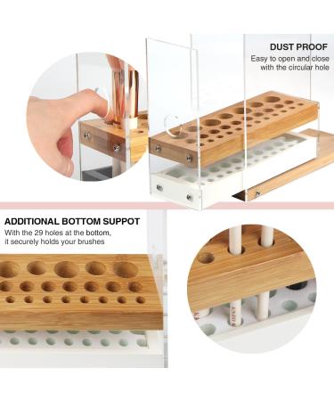 JackCubeDesign Acrylic Bamboo Brush Holder Organizer with Leather Drawer - White, 29 Holes, Beauty Cosmetic Display Stand - 8.77 x 3.34 x 8.42 inches - Buy Online on GoSupps.com