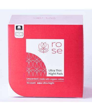 ROSE Organic Cotton Night Pads | Ultra Thin Pads with Wings | Perfect Absorbency | Ultra-Absorbent Sanitary Pads for Women | Hypoallergenic 100% Organic Cotton Core and Top Sheet 10 Count