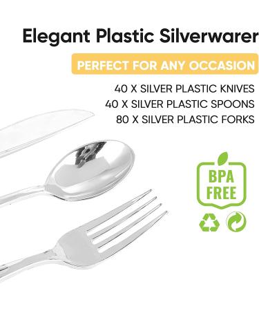 FOCUSLINE 160-Piece Heavy Duty Silver Plastic Cutlery Set for Catering, Parties, Dinners, Weddings - Disposable Utensils - 80 Forks, 40 Knives, 40 Spoons - Buy Online on GoSupps.com