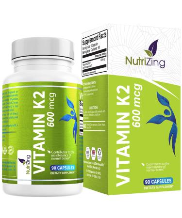 NutriZing K2 Vitamin Supplement MK-7-600mcg High Strength VIT K2-90 Vegan Capsules (3 Month Supply) - Supports Bone & Arterial Health* 90 Count (Pack of 1)