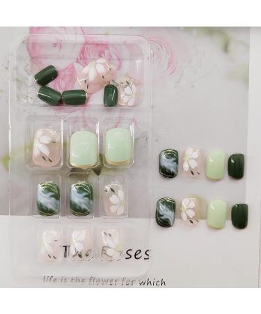 Green Halo Camellia Press on Nails - 24 Pcs Full Cover False Nails with Floral Design for Women - Buy Online on GoSupps.com