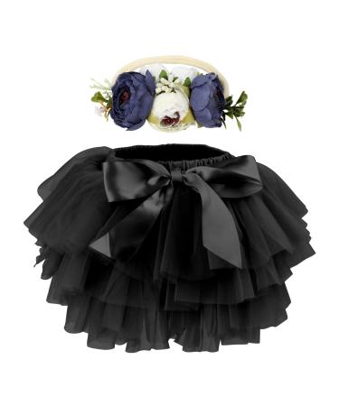HOOLCHEAN Baby Girls Soft Tutu Skirt and Flower Headband Sets with Diaper Cover 1-2 Years Black