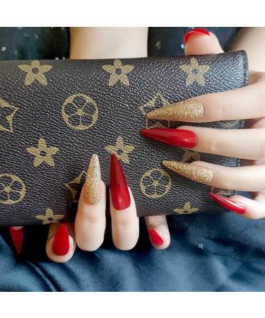 Sethain Glossy Glitter False Nails Green Fake Nail Rhinestone Long Full Cover Coffin Press on Nails for Women and Girls (Red) - Buy Online on GoSupps.com