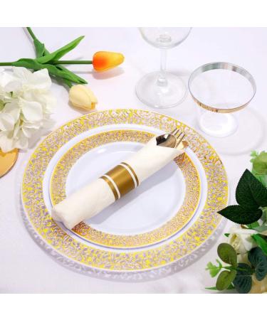 WELLIFE 350 Piece Gold Plastic Dinnerware Set - Disposable Lace Plates, Napkins, Silverware, Cups - Perfect for Special Occasions - Buy Online on GoSupps.com