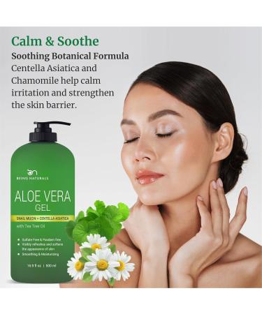 Being Naturals Aloe vera Gel - from 100% Pure Organic Aloe Infused with Snail Mucin/Centella Asiatica - Natural Raw Moisturizer for Face Body Hair. Perfect for Sunburn Acne Razor Bumps 16.9 fl oz - Buy Online on GoSupps.com