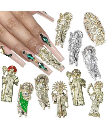 3D San Judas Nail Charm Virgin Mary Nail Charms 10 Pcs Alloy Virgin Mary Charms for Nails Gold Silver Jesus Charms Metal Buddha Charms Nail Jewels for Nail Art Religious Nail Rhinestones Accessories