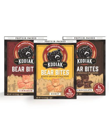 Kodiak Cakes Bear Bites - Protein Packed Baked Graham Crackers Variety Pack - 100% Whole Grains - Honey, Chocolate & Cinnamon Cookies Snacks - 9 Ounce (Pack of 3) Bear Bites Variety Pack