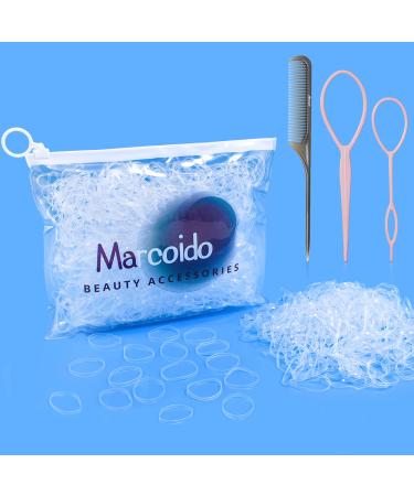 Clear Hair Rubber Bands  Marcoido 1000pcs Clear Hair Elactics with Hair Loop Styling Tool Set 2Pcs Braid Tools 1Pcs Rat Tail Comb For Girls Teenager Girls Women Kids.(Clear+)